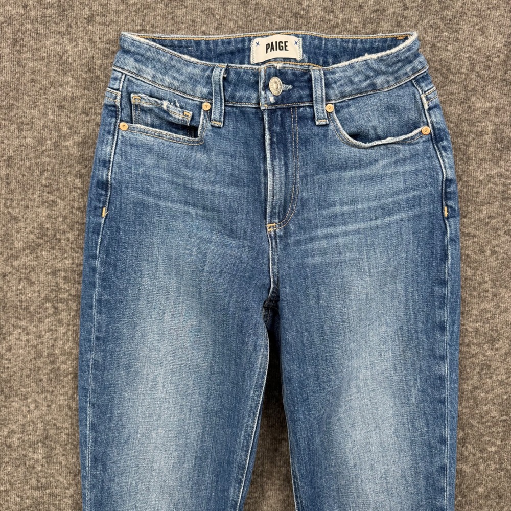 Paige Hoxton slim High Rise Straight Leg Jeans Medium Wash Raw Hem Size 24 - Picture 3 of 12